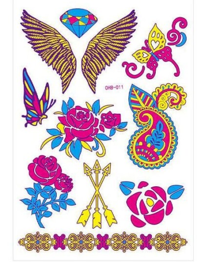 Ark med Forskjellige Fluorescerende Vinger Diamant Blomster og Andre Tatoveringer UV Fake Tattoo
