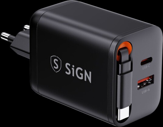 SiGN GaN hurtiglader USB-C/USB-A 40W med forlengbar USB-C-kabel Svart