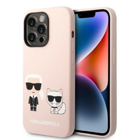 Karl Lagerfeld MagSafe iPhone 14 Pro-deksel i Flytende Silikon med Karl & Choupette Design - Rosa