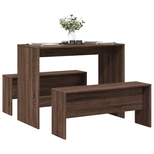  Sett med spisebord og benker 3 deler brun eik konstruert tre 8721158499530