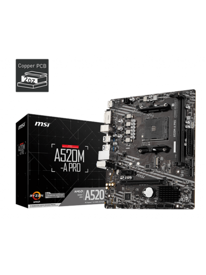 MSI A520M-A PRO Micro-ATX Hovedkort med Socket AM4, DDR4 RAM og Gigabit LAN MSI A520M-A PRO Micro-ATX Hovedkort med Socket AM4, DDR4 RAM og Gigabit LAN