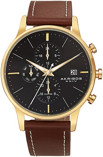Akribos XXIV Herreklokke AK1105YGBR S Multi Function Sort/Lær Ø41 mm