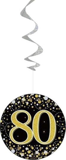 6 stk 80 Års Bursdag Svart og Gullfarget Holografiske Swirls
