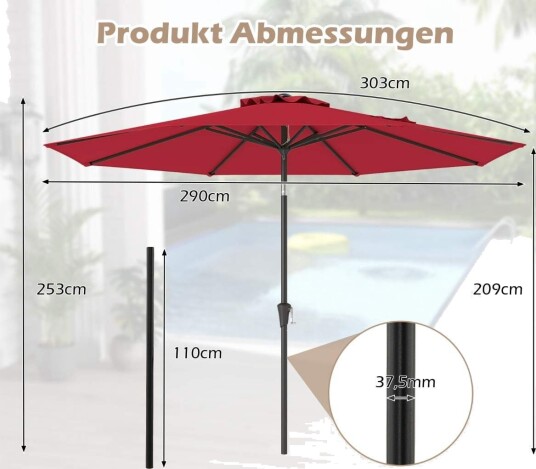 Rød terrasseparasoll – 300 cm justerbar vippe  og sveivmekanisme