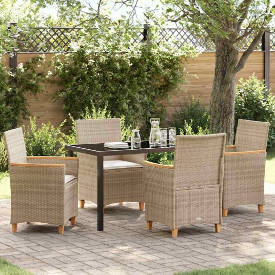 5-delt hage spisestol sett med puter beige poly rattan