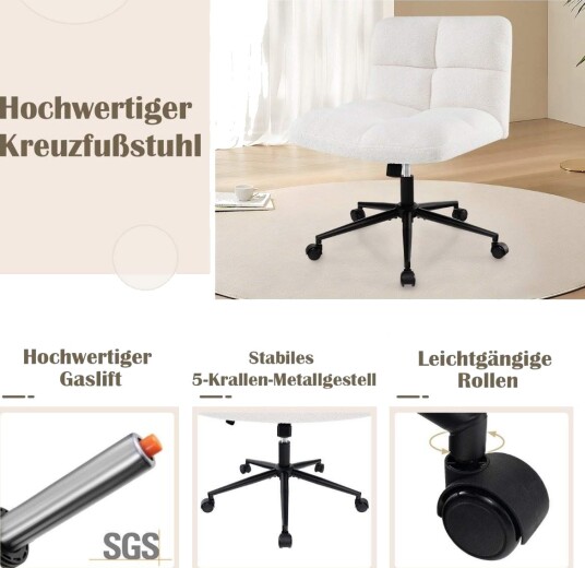 Armløs kontorstol – Bredt sete 160 kg kapasitet beige