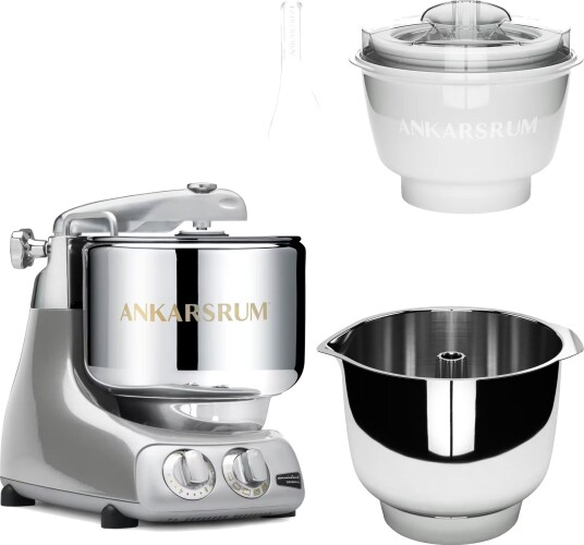 Ankarsrum Assistent Original AKM 6230 kjøkkenmaskin med iskremtilbehør og ekstra vispeskål jubilee silver