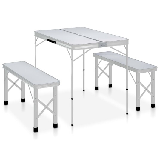 Sammenleggbart campingbord med 2 benker aluminium hvit Hvit