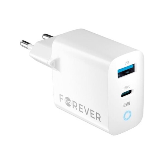 Forever GaN 65W USB-lader med 1x USB-C og 1x USB-A, Hvit