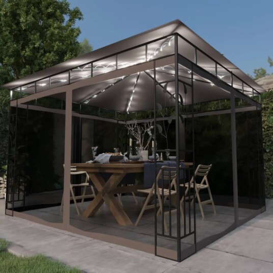 vidaXL Paviljong med myggnett og LED-lysslynge 3x3x2,73 m gråbrun