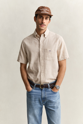 Gant Regular fit kortermet skjorte i bomullslin OAT BEIGE XL