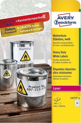 Avery L4773 8 Hvit Selvklebende Skriveretikett A4 Polyester Laser Permanent