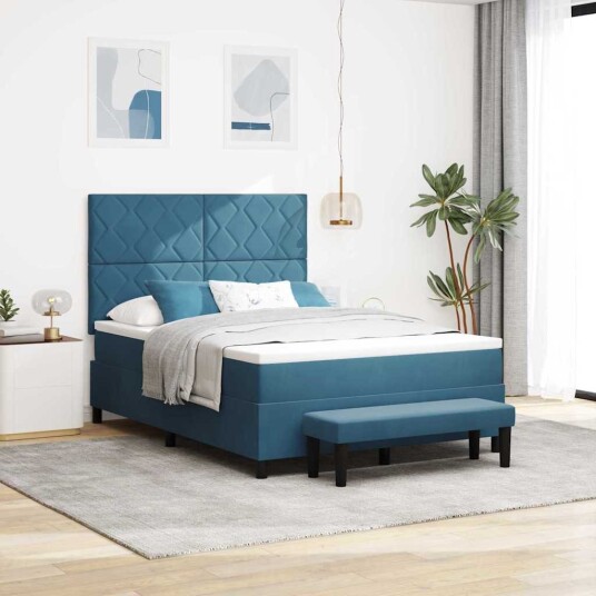  Box Spring Seng med Madrass & Benk Mørk Blå 140x200 cm Fløyel