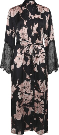 Hunkemöller Kimono Long Satin Lace Flower Black XL/XXL