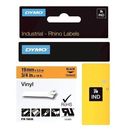 DYMO Rhino industri vinyl tape,19 mm x 5.5 m rull, sort p oransje, selvklebende DYMO Rhino industri vinyl tape,19 mm x 5.5 m rull, sort p oransje, selvklebende