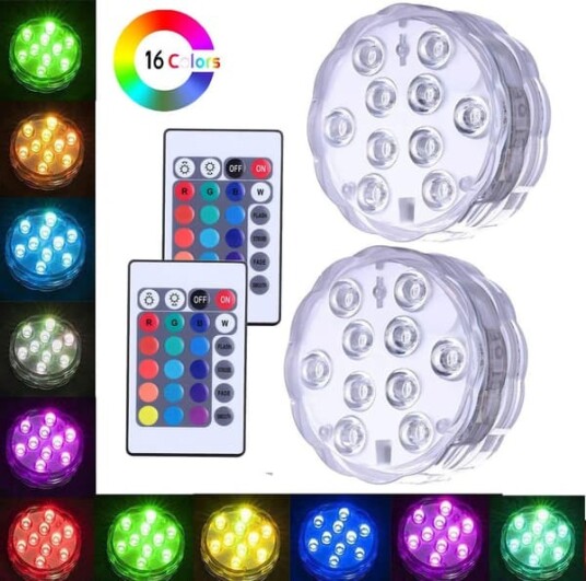 To undervanns LED lys IP68 vanntett vurdering bassenglys med fjernkontroll RGB 16 fargeskiftende damdekorasjonsbelysning.