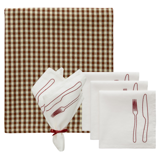 Decotique La Tavola / Oliva Tekstilsett 4 Servietter + Duk Brun / Vinrød