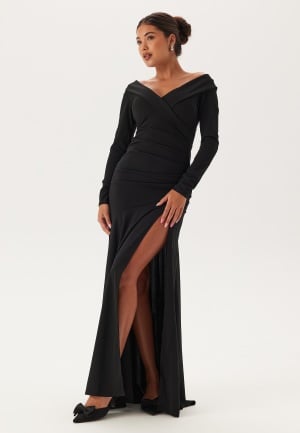 Goddiva Long Sleeve Bardot Pleat Maxi With Split Black XXS UK6