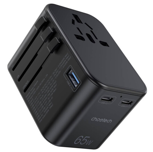 Choetech GaN 65W PD 2x USB-C og 1x USB-A reiselader - USA/UK/EU/AU