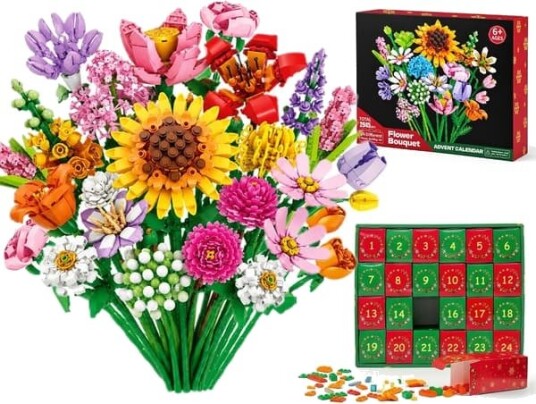 Adventskalender 2026 – 24 stk. byggeklossbukett med villblomster julenedtelling for barn tenåringer og voksne