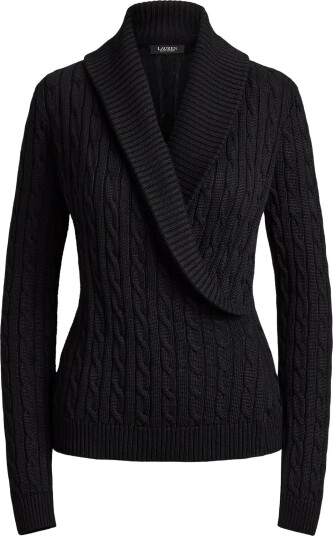 Lauren Ralph Lauren Cable Cotton Blend Shawl Collar Sweater BLACK S