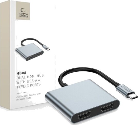 Tech-Protect HB08 4-i-1 USB-C Adapter med 2x HDMI 4K 60Hz og USB-A - Grå