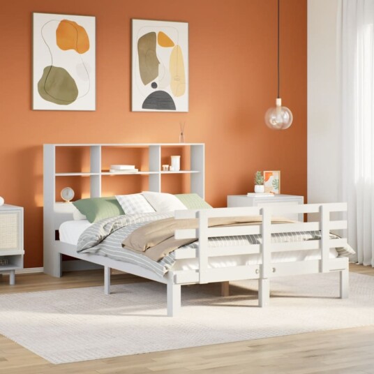 Seng med bokhylle uten madrass hvit 120x200 cm heltre furu