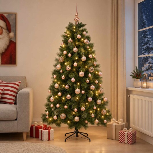 vidaXL Kunstig juletre med julekuler 180 cm 300 LED-lys Varmhvit