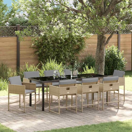 9 Delers Hage Spisebordsett med Puter Beige Poly Rattan