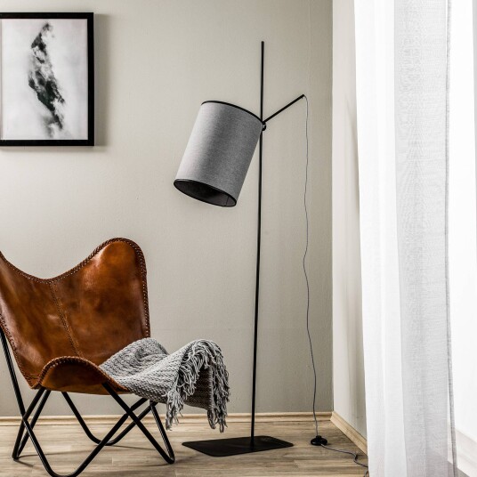 Euluna Zelda gulvlampe med rund, grå tekstilskjerm