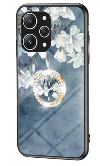 INCOVER Xiaomi Redmi 12 Plast Deksel m. Glass Baksida & Fingerring - Blomstertrykk - Blå