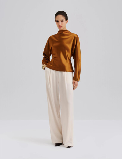 Malina Zora Barrel Sleeve Satin Blouse - Brown - 34