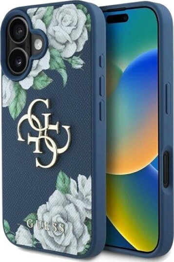 GUESS Grained Roses Big 4G logo case for iPhone 16 - blue