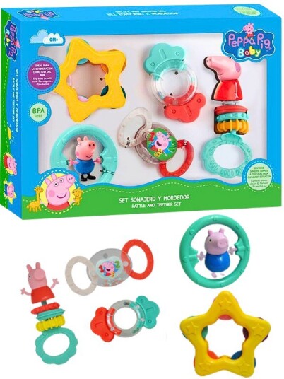 Peppa Gris Sett Med Biteleker Og Rangler 5 Stk Peppa Gris Sett Med Biteleker Og Rangler 5 Stk
