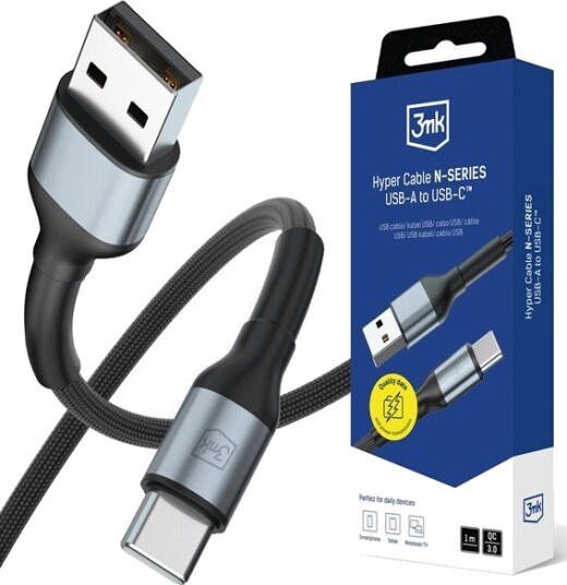 3mk Hyper Cable 3mk Hyper Cable N-SERIES USB-A / USB-C 1m 9V/2A 18W QC 3.0 / svart