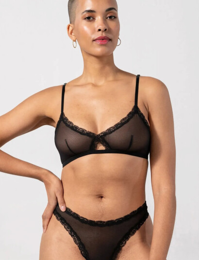 Understatement Underwear Mesh Lace Trim Triangle Bralette Black XS Understatement Underwear Mesh Lace Trim Triangle Bralette Black XS