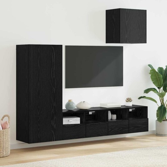 TV Vegg Enheter 4 pcs Svart Eik Konstruert tre TV Vegg Enheter 4 pcs Svart Eik Konstruert tre