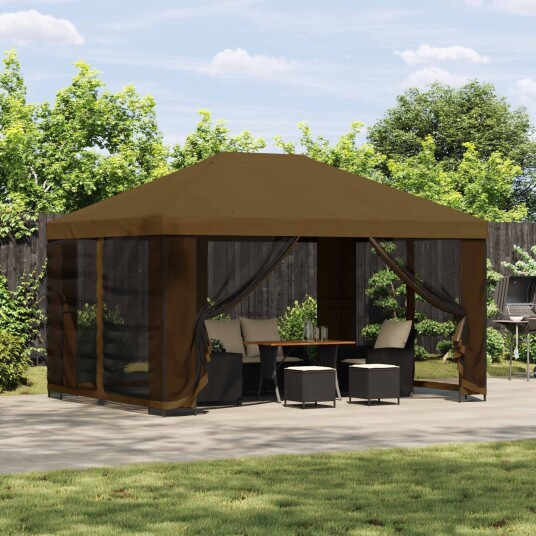 vidaXL Hagepaviljong med sidevegger 4 × 3 m Gråbrun Polyester og stål