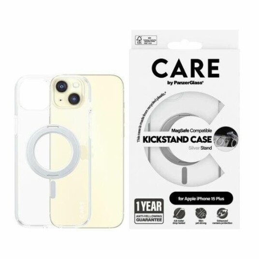 CARE by PanzerGlass Gjennomsiktig Mobildeksel med Sølv Stativ & MagSafe for iPhone 15 Plus