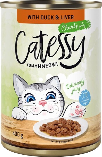 Catessy Våtfôr Biter I Saus Eller Gelè Med And Og Lever I Saus 24 X 400 G