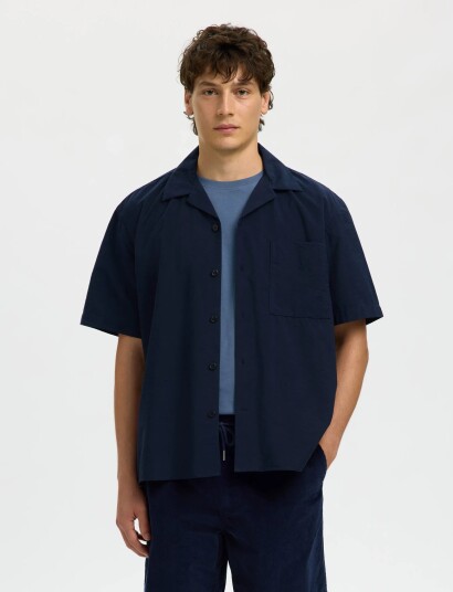 Selected Slhrlxotis Light Cotton Blend Ss Shirt   Navy   L
