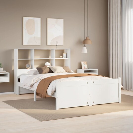 Seng med bokhylle uten madrass hvit 140x200 cm heltre furu 8721158612595