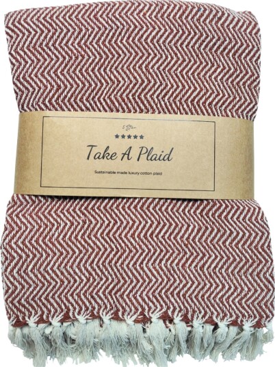 Home Tex Bomullspledd 100% resirkulert bomull 130x180 cm Hvit med rødt zigzag mønster