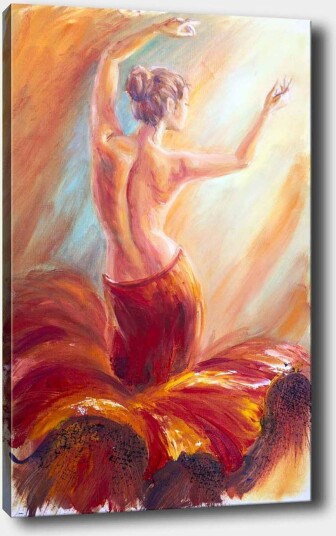 Lerretsbilde 70x100 cm Elegant danser i en rød kjole som fanger bevegelsen og følelsen av dans Rød / Oransje / Beige