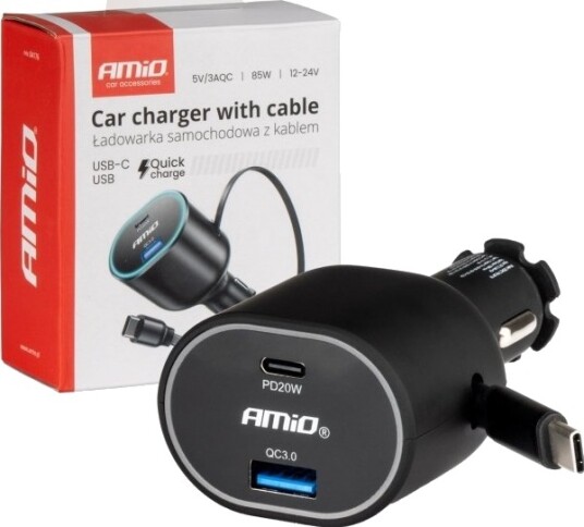 Amio Hurtig Bil-Lader 30W USB-C med Uttrekkbar Kabel