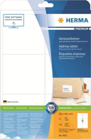 Herma Premium Selvklebende Hvit Matt 99,1 X 93,1 Mm 150 EtikettEr 25 Ark X 6 Adresseetiketter 4502