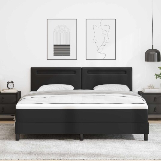 vidaXL Boksfjær Seng med LED lysstrimler Svart 180 x 200 cm Kunstlær