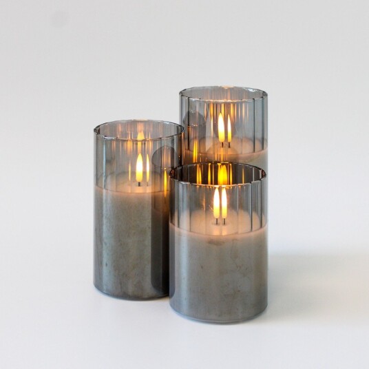 Ledlife LED Blokklys sett i røykfarget glass Ø7,5cm 3 stk flammeeffekt   Inkl. fjernkontroll og timer 10/12,5/15cm høy ekte stearin