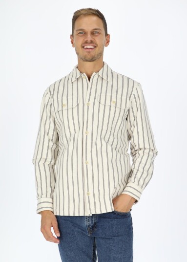 Casual Friday August Striped Overshirt Ecru M Langarmede Skjorter