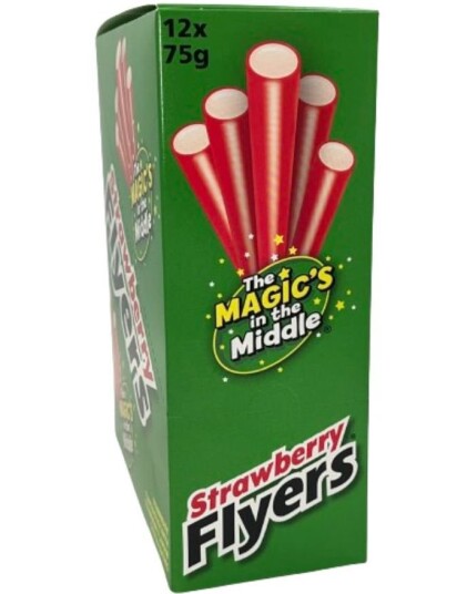 12 stk Maxilin Strawberry Flyers   Lakrisstenger med Jordbærfyll   Hel Eske 900 gram